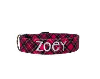 Hot Pink Plaid Dog Collar, Personalized Collar, Embroidered Collar, Plaid Dog Collar, Girl Plaid Dog, Custom Collar, Stewart Plaid Collar