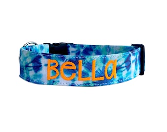 Dog Collar, Embroidered Dog Collar, Personalized Dog Collar, blue and green Dog Collar, blue tie dye Collar, Personalized Collar