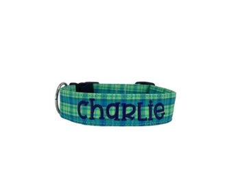 Personalized Blue Green Plaid Dog Collar | Embroidery & Engraved Buckle Options | Matching Leash, Flower, and Bow Tie Options