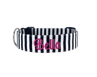 Black and White Stripe Dog Collar, Custom Dog Collar, Personalized Dog Collar, Embroidered Dog Collar, Engraved Dog Collars, Summer Collar