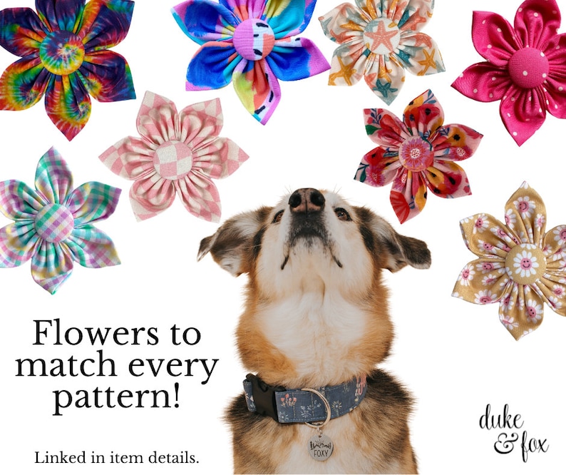 Complete your pet’s look with matching fabric flowers from Duke & Fox®. Each flower is handcrafted in Tennessee to coordinate perfectly with our custom dog collars. Designed with secure Velcro attachments, they stay in place while adding a touch of charm and personality. Choose from a variety of patterns to match every season and style.