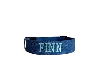 Personalized Blue Houndstooth Dog Collar | Embroidery & Engraved Buckle Options | Matching Leash, Flower, and Bow Tie Options