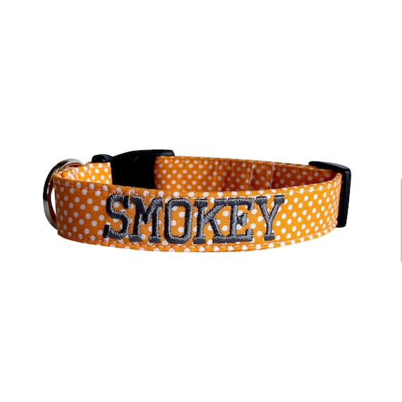 Dog Collar, Embroidered Dog Collar, Personalized Dog Collar, polka dot Dog Collar, Orange Dot Collar, Custom Engraved Dog Collar, Boy Collar