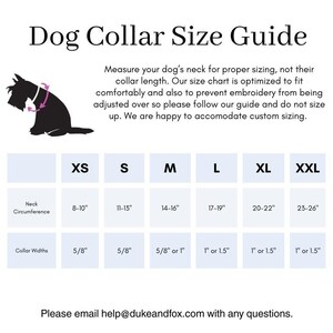 May include: A dog collar size guide chart featuring a black silhouette of a dog, text instructions, and a table listing sizes XS through XXL with neck circumference measurements from 8 to 26 inches and collar widths from 5/8 to 1.5 inches.