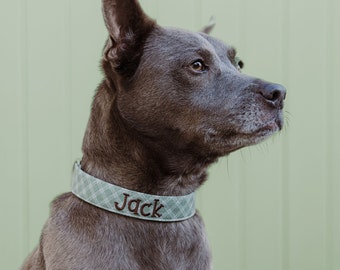 May include: A dog collar featuring a light sage green fabric with a subtle white plaid pattern. The name Jack is embroidered in dark brown thread on the center of the collar. The collar is worn around the neck of a grey dog facing to the right.