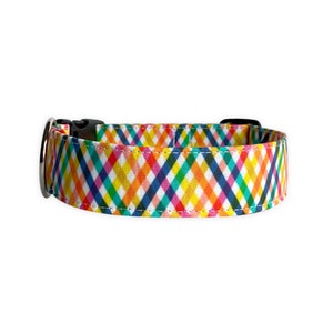 Rainbow Plaid Collar, Spring Plaid Dog Collar, Embroidered Dog Collar, Engraved Dog Collar, Personalized Dog Collar, Spring Dog Collar