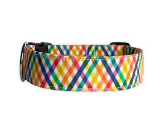 Rainbow Plaid Collar, Spring Plaid Dog Collar, Embroidered Dog Collar, Engraved Dog Collar, Personalized Dog Collar, Spring Dog Collar