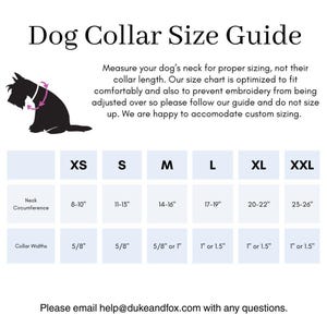 May include: A black and white dog collar size guide chart featuring a silhouette of a dog with a neck measurement arrow. The table lists sizes XS through XXL with neck circumferences from 8-10 inches to 23-26 inches and collar widths of 5/8 to 1.5 inches.