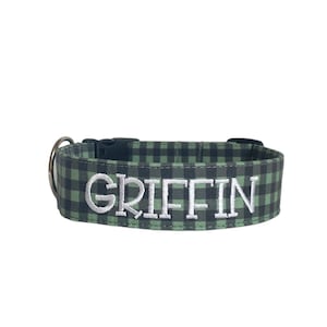 Green Buffalo Plaid Dog Collar, Personalized Collar, Embroidered Collar, Plaid Dog Collar, Christmas Plaid Dog, Custom Collar