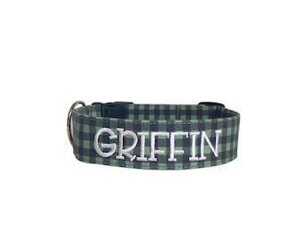 Green Buffalo Plaid Dog Collar, Personalized Collar, Embroidered Collar, Plaid Dog Collar, Christmas Plaid Dog, Custom Collar