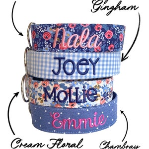 Duke & Fox® personalized embroidered dog collars are handmade with soft, durable fabric layered over sturdy nylon webbing. They feature vibrant patterns — a navy floral with pink roses, classic blue gingham, a vintage floral mix, and a chambray polka dot — each embroidered with names in coordinating thread colors. Designed for comfort and everyday wear, they combine durability, charm, and custom style for dogs of all sizes.
