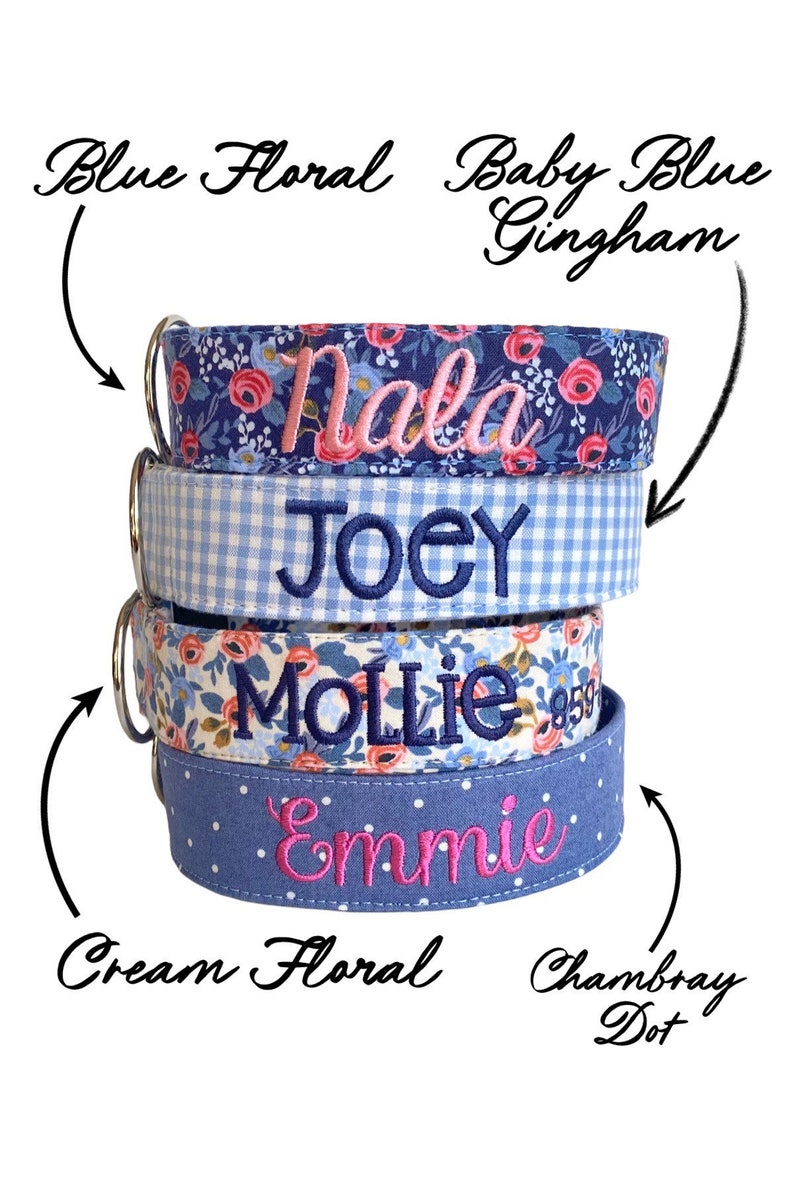 Duke & Fox® personalized embroidered dog collars are handmade with soft, durable fabric layered over sturdy nylon webbing. They feature vibrant patterns — a navy floral with pink roses, classic blue gingham, a vintage floral mix, and a chambray polka dot — each embroidered with names in coordinating thread colors. Designed for comfort and everyday wear, they combine durability, charm, and custom style for dogs of all sizes.