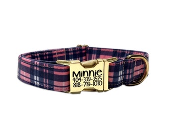 Engraved Dog Collar, Pink and Navy Plaid Dog Collar, Plaid Collar, Engraved Buckle Collar, Personalzied Dog Collar, Plaid Collar, Pink Dog