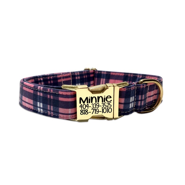 Engraved Dog Collar, Pink and Navy Plaid Dog Collar, Plaid Collar, Engraved Buckle Collar, Personalzied Dog Collar, Plaid Collar, Pink Dog