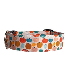 Puede incluir: Un collar para mascotas con un patrón repetitivo de calabazas en tonos naranja, verde azulado, amarillo mostaza y rosa claro sobre una tela color crema. El collar incluye una hebilla de plástico negra y una anilla en D de metal plateado.