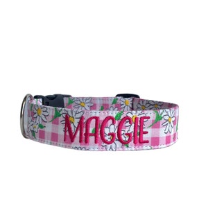 Pink gingham Daisy Dog Collar, Custom Dog Collar, Embroidered Dog Collar, Engraved Dog Collar, Engraved Buckle, Personalized Dog Collar