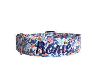 Embroidered Dog Collar, Floral Dog Collar, Personalized Dog Collar, Dog Collar with Name, Engraved Buckle Collar, Custom Dog Collar