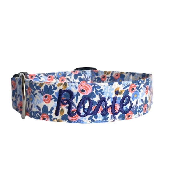 Embroidered Dog Collar, Floral Dog Collar, Personalized Dog Collar, Dog Collar with Name, Engraved Buckle Collar, Custom Dog Collar