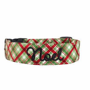 Christmas plaid Dog Collar, Embroidered Dog Collar, Personalized Dog Collar, Custom Dog Collar, Holly Dog Collar, Engraved Collar