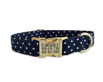 Navy Dot Engraved Dog Collar, Engraved Buckle Dog Collar, Personalized Dog Collar, Dog Collar, Collar, rose Collar, fall floral collar