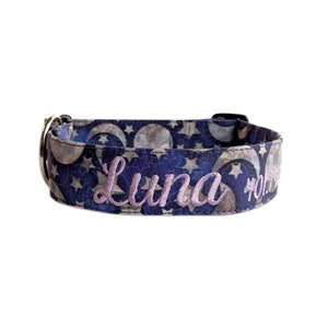 Luna Dog Collar, Moon Dog Collar, Embroidered Dog Collar, Personalized Dog Collar, Custom Dog Collar, Stars Dog Collar, Engraved Collar