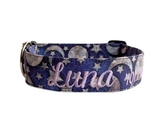Luna Dog Collar, Moon Dog Collar, Embroidered Dog Collar, Personalized Dog Collar, Custom Dog Collar, Stars Dog Collar, Engraved Collar