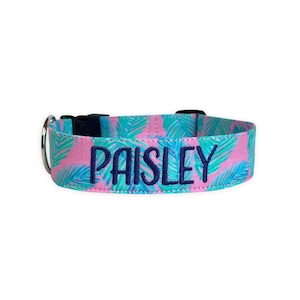 Summer Dog Collar, Custom Dog Collar, Embroidered Dog Collar, Personalized Dog Collar, Palm Dog Collar, Engraved Dog Collar