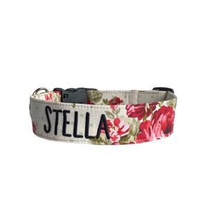 Rose Dog Collar, Embroidered Dog Collar, Personalized Dog Collar, Custom Dog Collar, Floral Dog Collar, Pink & Red Rose Collar, Engraved image 3