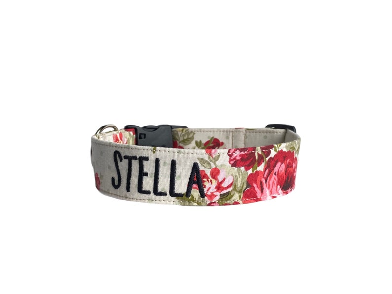 Rose Dog Collar, Embroidered Dog Collar, Personalized Dog Collar, Custom Dog Collar, Floral Dog Collar, Pink & Red Rose Collar, Engraved image 3