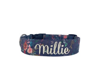 Fall Dog Collar, Floral Dog Collar, Embroidered Dog Collar, Engraved Dog Collar, Personalized Dog Collar, Custom Dog Collar, Navy Boho