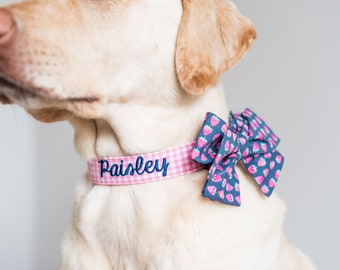 Pink Gingham Dog Collar, Personalized Dog Collar, Embroidered Dog Collar, Spring Dog Collar, Custom Dog Collar, Engraved Collar, Pink Collar