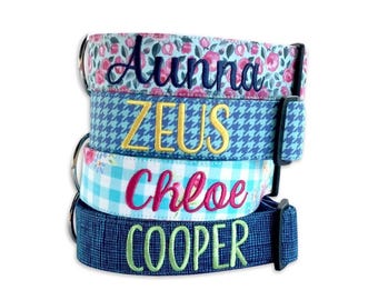 Dog Collar, Embroidered Dog Collar, Personalized Dog Collar, Floral Dog Collar, Custom Dog Collar, Engraved Dog Collar, Blue Dog Collar