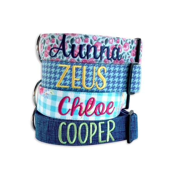 Dog Collar, Embroidered Dog Collar, Personalized Dog Collar, Floral Dog Collar, Custom Dog Collar, Engraved Dog Collar, Blue Dog Collar