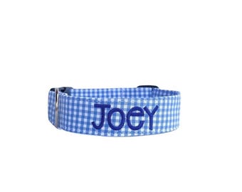 Personalized Blue GIngham Dog Collar | Embroidery & Engraving Options | Matching Leash, Flower and Bow Tie Options