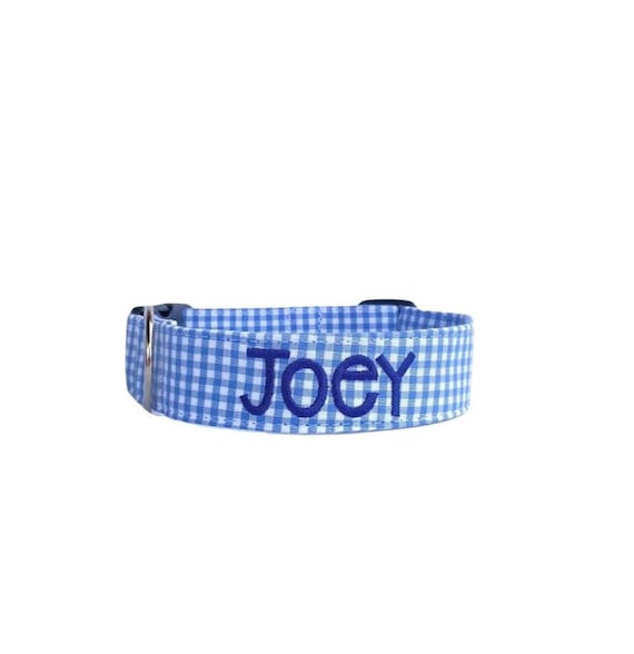 Personalized Blue GIngham Dog Collar | Embroidery & Engraving Options | Matching Leash, Flower and Bow Tie Options
