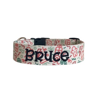 Doodle Christmas Collar, Embroidered Dog Collar, Personalized Dog Collar, Plaid Dog Collar, Engraved Dog Collar, Santa Collar