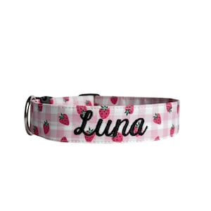 Strawberry Gingham Dog Collar, Embroidered Dog Collar, Personalized Dog Collar, Custom Dog Collar, Engraved Buckle Dog Collar