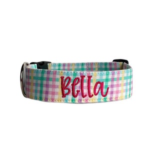 Easter Plaid Dog Collar, Embroidered Dog Collar, Personalized Dog Collar, Spring Dog Collar, Custom Dog Collar, Engraved Collar, Gingham