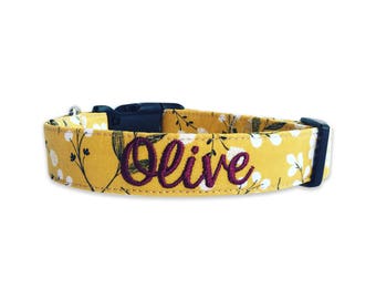 Autumn Dog Collar, Mustard Floral Collar, Embroidered Dog Collar, Personalized Dog Collar, Floral Dog Collar, Fall Collar, Custom Dog Collar