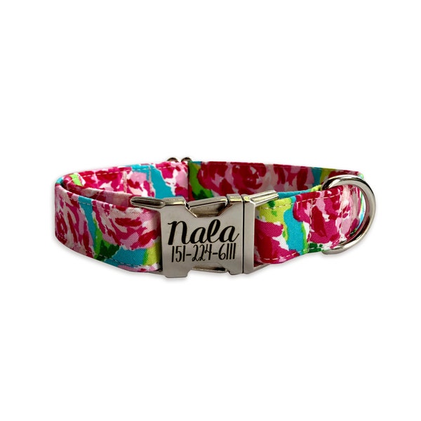 Floral Dog Collar, Engraved Buckle Dog Collar, Personalized Dog Collar, Spring Dog Collar, Collar, Gold Collar, Flower dog collar