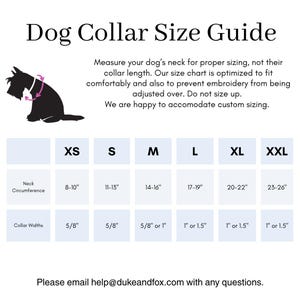 May include: A dog collar size guide chart featuring a black silhouette of a dog with a pink arrow indicating neck measurement. The table lists sizes XS through XXL with neck circumference in inches from 8-10 to 23-26 and collar widths in inches.