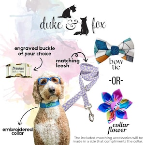 May include: A dog wearing blue glasses and a blue embroidered collar, accompanied by a daisy-patterned leash, a geometric-patterned bow tie, a colorful fabric collar flower, and a gold-toned metal buckle engraved with the name Gemma and a phone number.