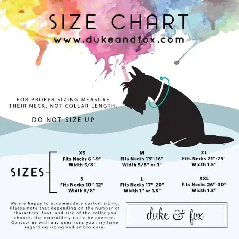 Find the perfect fit for your pet. Our handmade dog collars come in sizes XS–XXL to fit necks from 6” to 30” with widths from 5/8” to 1.5”. For the best fit, measure your dog’s neck—not their collar length—and don’t size up. Each collar is custom-made in Tennessee and can be embroidered or engraved for a personalized touch.