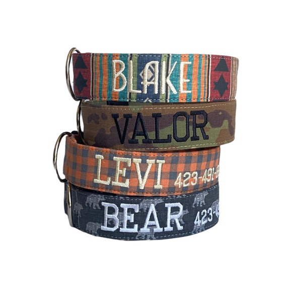 Herbst Kragen, gesticktes Hundehalsband, personalisiertes Hundehalsband, Bärenhundehalsband, Camo Hundehalsband, karierter Büffelhundehalsband, graviertes Halsband