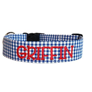 Blue Gingham Dog Collar, Personalized Dog Collar, Embroidered Dog Collar, Custom Dog Collar, Summer Dog Collar, Blue Collar, Engraved Collar