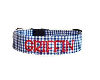 Personalized Royal Gingham Dog Collar | Embroidery & Engraved Buckle Options | Matching Leash, Flower, and Bow Tie Options