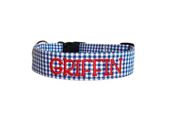 Blue Gingham Dog Collar, Personalized Dog Collar, Embroidered Dog Collar, Custom Dog Collar, Summer Dog Collar, Blue Collar, Engraved Collar