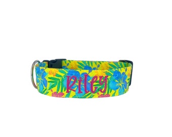 Hawaiian Personalized Dog Collar, Tropical Summer Dog Collar, Embroidered Dog Collar, Beach Collar, Hibiscus Dog Collar, Custom Dog Collar