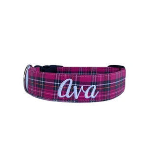 Hot Pink Plaid Dog Collar, Girl Dog Collar, Spring Dog Collar, Embroidered Dog Collar, Engraved Dog Collar, Personalized Dog Collar