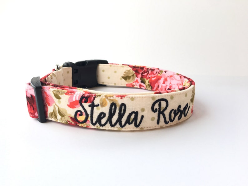 Rose Dog Collar, Embroidered Dog Collar, Personalized Dog Collar, Custom Dog Collar, Floral Dog Collar, Pink & Red Rose Collar, Engraved image 4